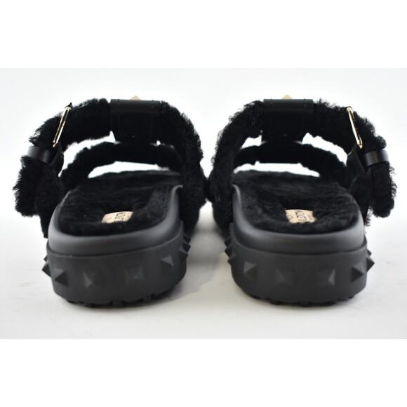 Valentino Rockstud Black Shearling Fur Caged Mule Slip On Slides Sandal Flat 39 - Picture 11 of 12
